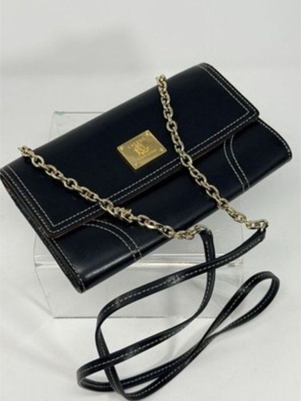 LAUREN RALPH LAUREN Clutch/Crossbody/Wallet- Black Leather CHAIN BAG Gold